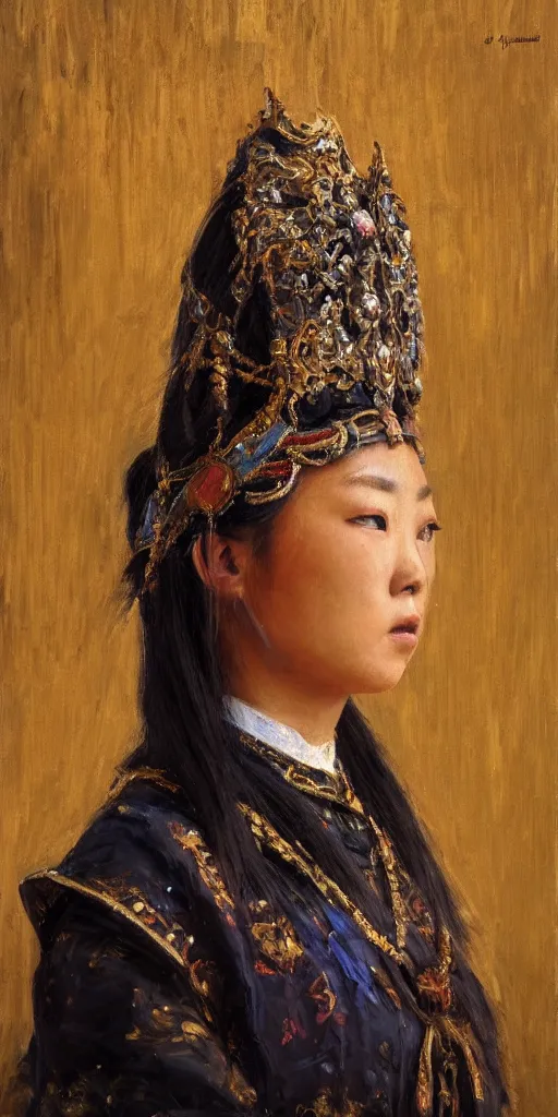 Prompt: Highly detailed and cinematic Impressionism period oil painting of an Mongolian princess face portrait, an oil painting ((masterpiece)) by ((Josep Tapiró Baró)), RPG portrait, dynamic lighting, 8K