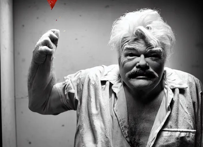 Image similar to photo still of rip taylor in a jail cell!!!!!!!! at age 5 4 years old 5 4 years of age!!!!!!! throwing confetti from a bucket, 8 k, 8 5 mm f 1. 8, studio lighting, rim light, right side key light