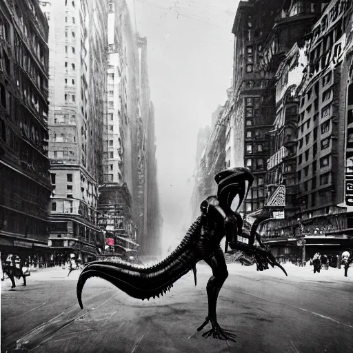 Image similar to old black and white photo, 1 9 1 3, depicting a xenomorph from the movie aliens rampaging through the bustling streets of new york city, historical record