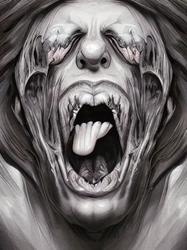 Prompt: close up of a screaming face, baroque style, elegant, beautiful, mesmerizing, concept art, fancy clothing, highly detailed, artstation, behance, deviantart, inspired by innocent manga, inspired by castlevania concept art, trending, ayami kojima, shinichi sakamoto