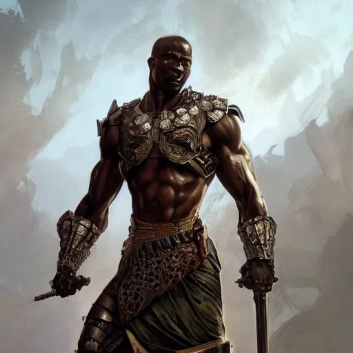 Image similar to a muscular african warrior with cyberkenetic armor standing in a heroic pose holding a shield, ultra realistic, concept art, intricate details, eerie, horror, highly detailed, photorealistic, octane render, 8 k, unreal engine. art by artgerm and greg rutkowski and alphonse mucha