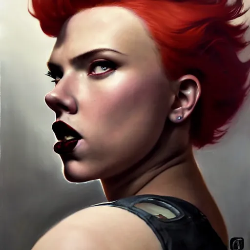 Prompt: greg manchess portrait of scarlett johansson as thick very muscular gothic weightlifter zarya from overwatch with red hair and black lipstick, fantasy medium shot, asymmetrical, profile picture, organic painting, sunny day, matte painting, bold shapes, hard edges, street art, trending on artstation, by huang guangjian and gil elvgren and sachin teng