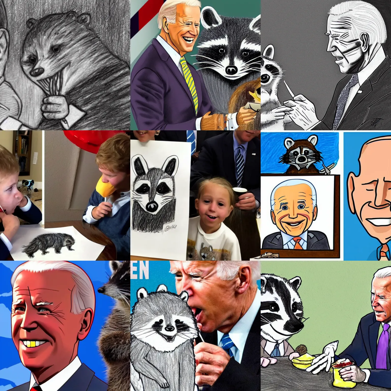 Prompt: a child's drawing of joe biden eating a raccoon