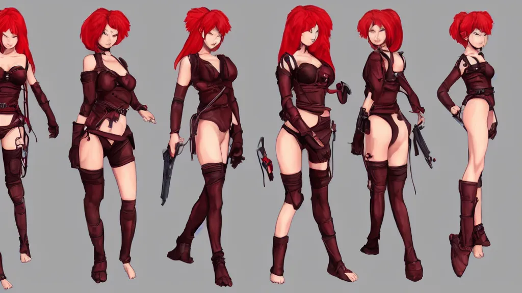 Prompt: a fantasy female red haired kunoichi character design sheet, trending on artstation