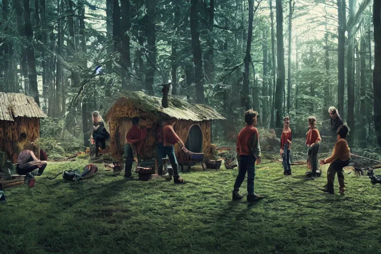 Image similar to movie scene portrait closeup, real life team of tiny gnome people building a tiny house in the forest natural lighting by emmanuel lubezki