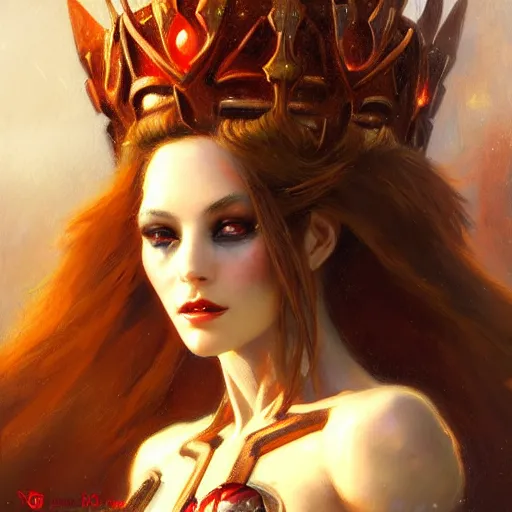 Image similar to attractive female robot demon queen with crown and red eyes, painting by gaston bussiere and luis rollo, close - up portrait, digital painting, highly detailed, artstation, sharp focus, illustration, concept art, hd