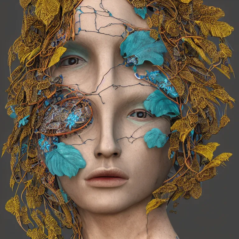 Prompt: cinema 4d colorful render, organic, ultra detailed, of a painted realistic porcelain woman's face, scratched. biomechanical cyborg, analog, macro lens, beautiful natural soft rim light, big leaves, winged insects and stems, roots, fine foliage lace, turquoise gold details, Alexander Mcqueen high fashion haute couture, art nouveau fashion embroidered, intricate details, mesh wire, mandelbrot fractal, anatomical, facial muscles, cable wires, elegant, hyper realistic, in front of dark flower pattern wallpaper, ultra detailed, 8k post-production