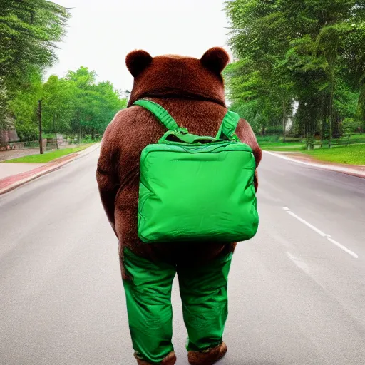 Prompt: big realistic bear standing on two legs, wearing huge green bag at his bac, square backpack, photo realistic, high detail, smooth