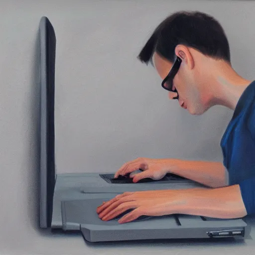 Prompt: hyperrealism portrait person typing on a computer happy