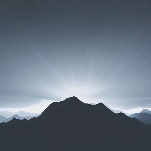 Image similar to silhouette of mountains made of light!!! bright cloudy sky, overexposed, hyper detailed matte painting