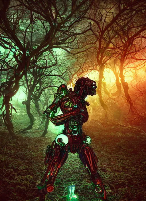 Image similar to a small psychedelic surreal horror cyborg in the chaotic spirit forest, fulcolor octane render, cinematic, ultra - realistic