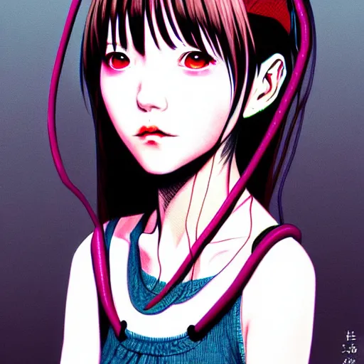 Image similar to full view of girl from serial experiments lain, style of yoshii chie and hikari shimoda and martine johanna, highly detailed