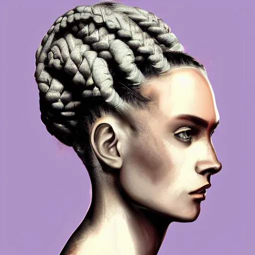 Prompt: a young european woman with braids that looks like a brain, philosophy, white robes, digital art painting, trending on artstation, featured on deviantart