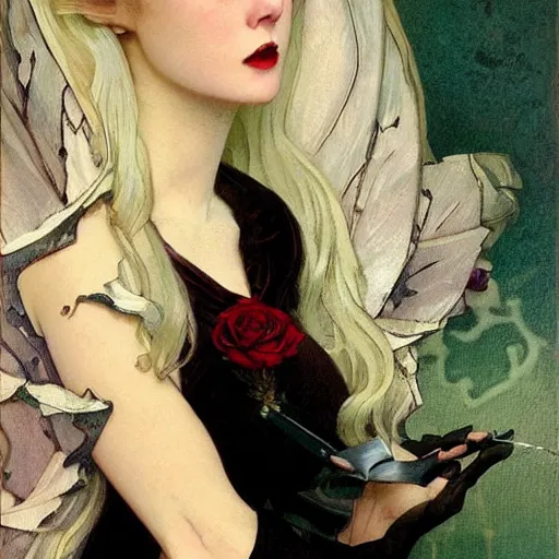 Image similar to portrait of a menacing beautiful vampire, top half of body, by Stanley Artgerm Lau , greg rutkowski, thomas kindkade, alphonse mucha, loish, norman rockwell, J. C. Leyendecker. bright white hair, pale skin, angry complexion, beautiful detailed eyes, black rose frame. D&D, fantasy. Trending on artstation rule of thirds extremely detailed old illustration hd 4k