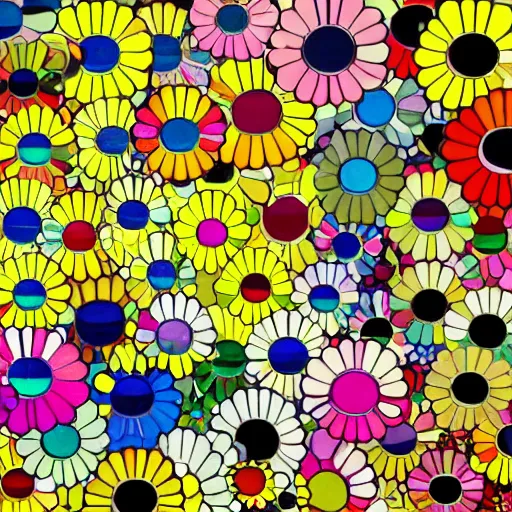 Image similar to silhouette of man's head exploding into flowers, bright colors, Takashi Murakami, Minimalist,