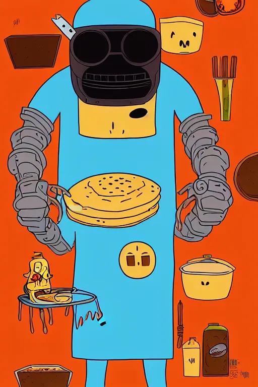 Prompt: mf doom madvilliany making pancakes in style of adventure time, animation pixar style, by pendleton ward, magali villeneuve, artgerm, rob rey and kentaro miura style, golden ratio, trending on art station