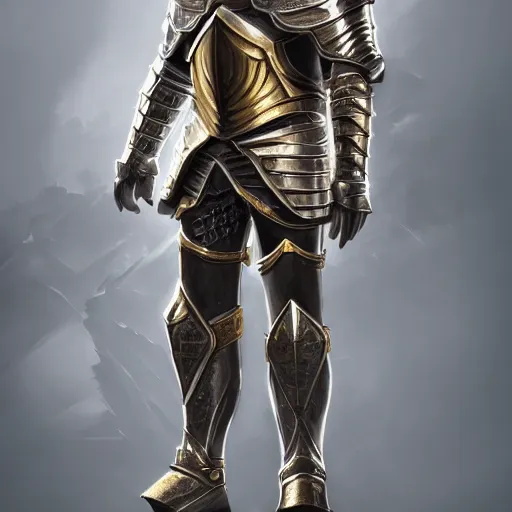 Prompt: character concept art illustration of paladin in plate armor, hyper realistic, cinematic lighting, polished metal, digital painting, photoshop, intricate pattern, gold trim, octane render, 8 k, unreal engine, volumetric