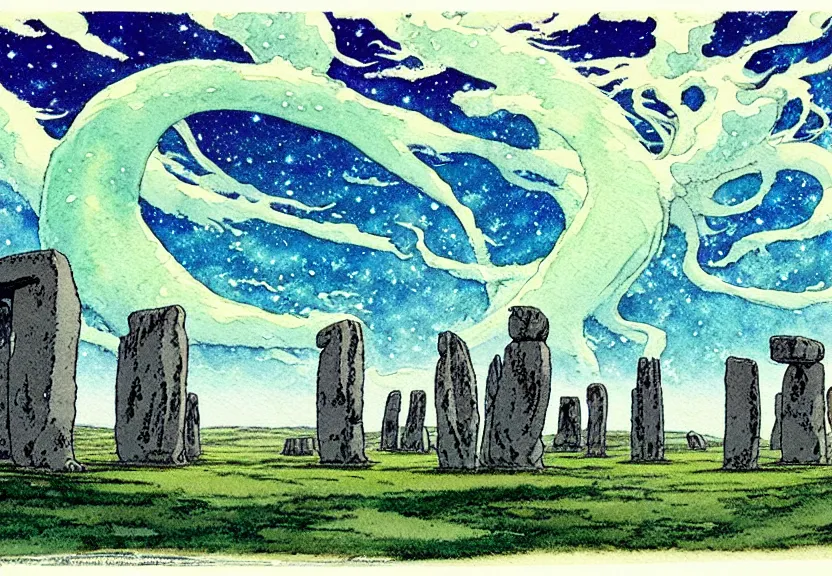 Image similar to a simple watercolor studio ghibli movie still fantasy concept art of stonehenge. a giant squid from princess mononoke ( 1 9 9 7 ) is in the sky. it is a misty starry night. by rebecca guay, michael kaluta, charles vess