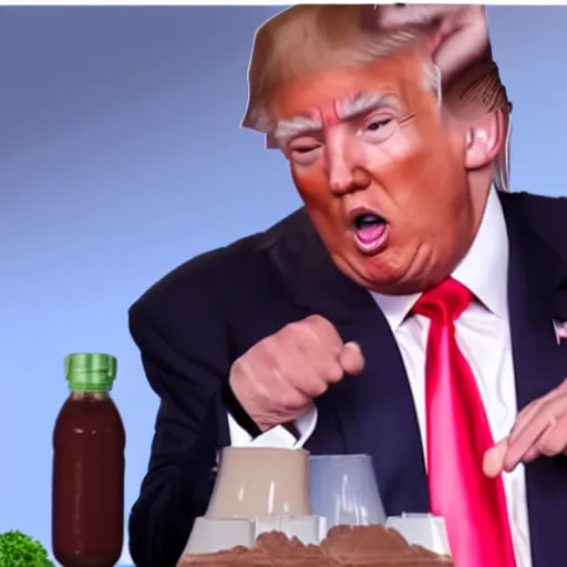 Image similar to donald j. trump projectile vomiting chocolate pudding onto liberals