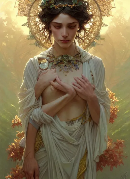 Image similar to portrait of a goddess of nature, half body, perfect face, d & d, fantasy, intricate, elegant, highly detailed, digital painting, artstation, concept art, smooth, sharp focus, illustration, art by artgerm and greg rutkowski and alphonse mucha