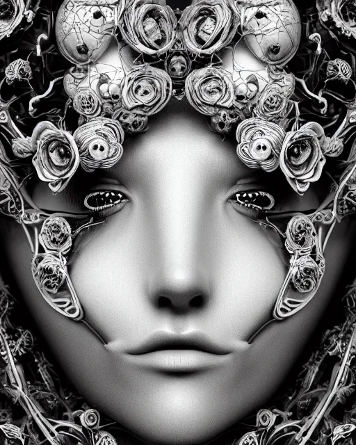 Image similar to mythical dreamy black and white organic bio-mechanical spinal ribbed profile face portrait detail of translucent steampunk beautiful female angelic-human-queen-vegetal-cyborg, highly detailed, intricate trnaslucent ivy jelly ornate, poetic, translucent roses ornate, 3D render, digital art, octane render, 8K artistic photography, photo-realistic, by Dora Maar