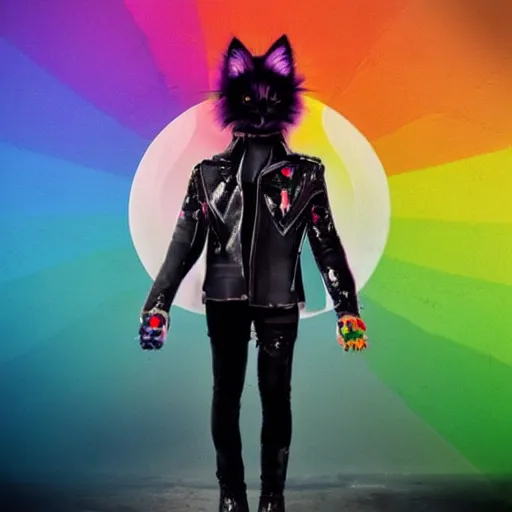 Image similar to wide angle full body, jacket wearing fluffy cute rainbow kitten wearing a black leather motorcycle jacket, cinematic concept art