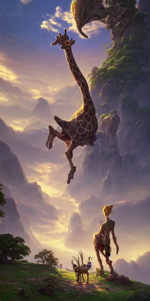 Prompt: a giraff, epic digital fantasy style beeple, by thomas kinkade hearstone league of legends dofus overwatch concept art, style of makoto shinkai, xision, james jean and peter mohrbacher, studio ghibli, artgerm, karol bak, dan mumford global illumination rtx bioluminescent wooly feather