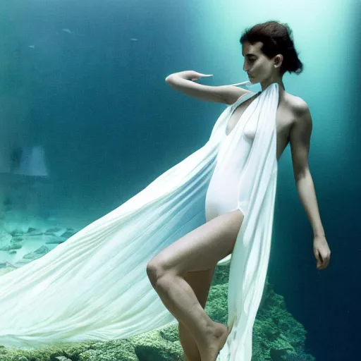 Image similar to portrait photo by mort kunstler and annie leibovitz and monia merlo, a beautiful symmetrical perfect woman in an irridescent one piece swimsuit completely covered in a sheer flowing long white sheet floating in the center of an aquarium, backlit, 4 d, 4 k, volumetric lighting, photorealistic, light ray, hyperdetailed