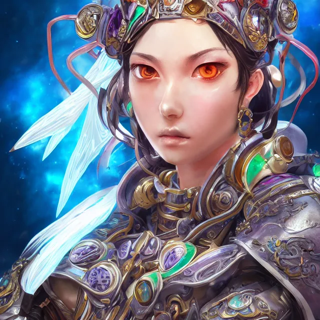 Image similar to studio portrait of lawful good colorful female holy mech paladin as absurdly beautiful, elegant, young sensual anime girl, ultrafine hyperrealistic detailed face illustration by kim jung gi, irakli nadar, intricate linework, sharp focus, bright colors, matte, octopath traveler, final fantasy, unreal engine highly rendered, global illumination, radiant light, intricate environment