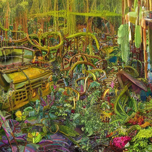 Image similar to panoramic view of a jungle of flowers and vines growing over great heaps of chrome machinery and rusty weapons in puddles of glistening oil artists tram pararam and doctor seuss with beryl cook and hr giger neon high contrast cinematic light, mystical shadows, sharp focus, warhammer fourty k, octane render