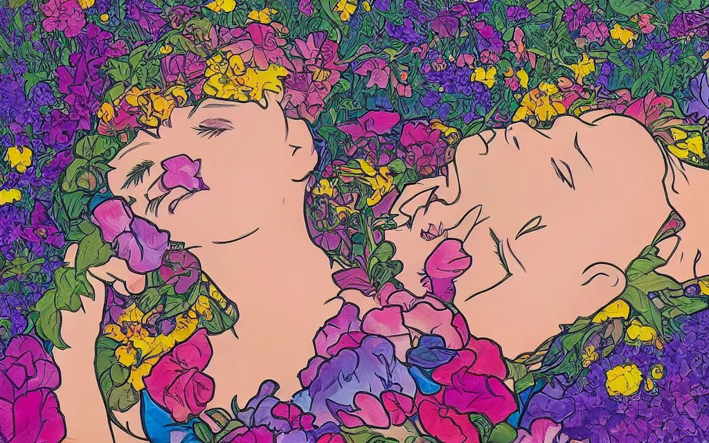 Prompt: daydream i dream of you amid the flowers for a couple of hours, such a beautiful day. a woman sleeping in the style of lisa frank and alfons mucha