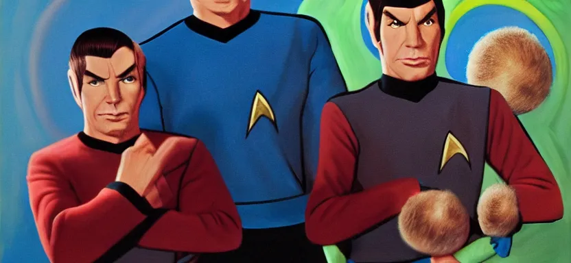 Image similar to captain kirk and spock with tribbles by juan ortiz 8k,