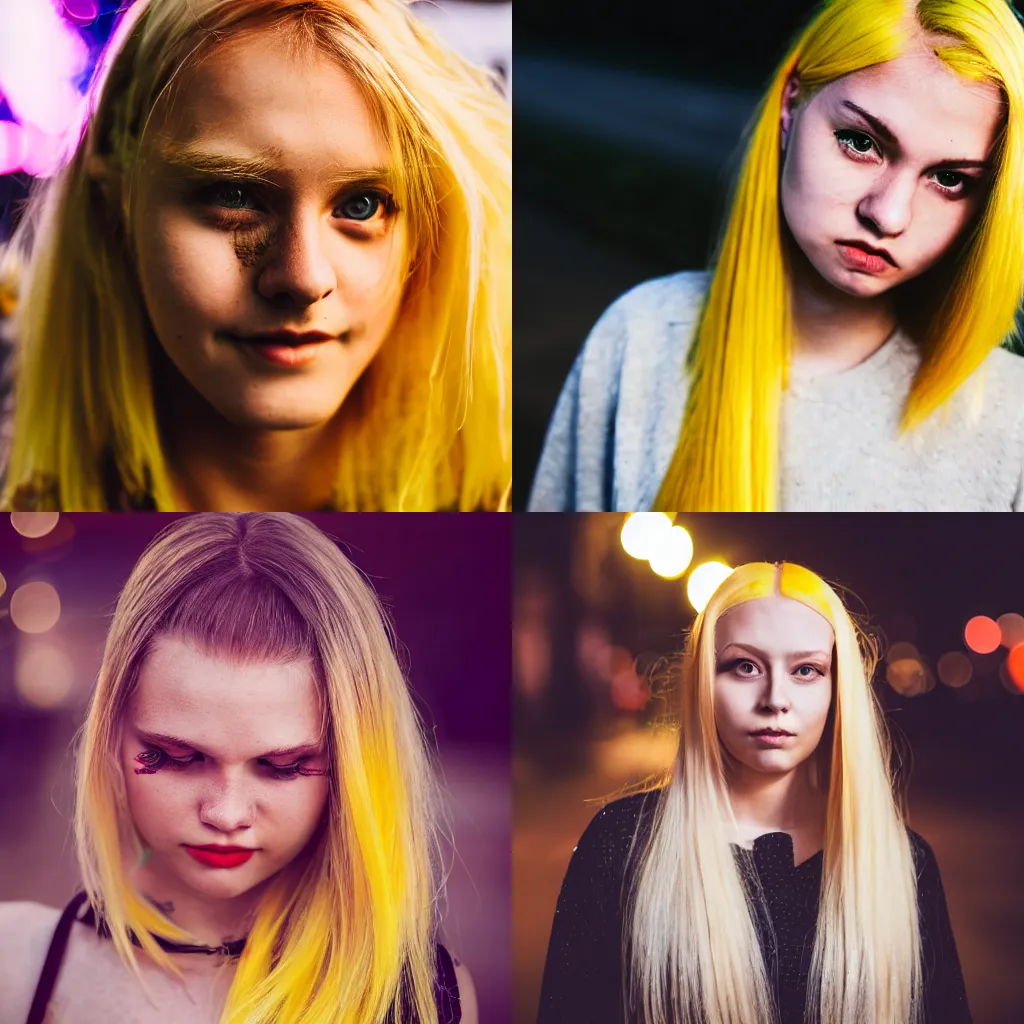 Prompt: girl with long yellow hair wearing a crop top at a night street, close - up face, portrait, dslr 3 5 mm, bokeh