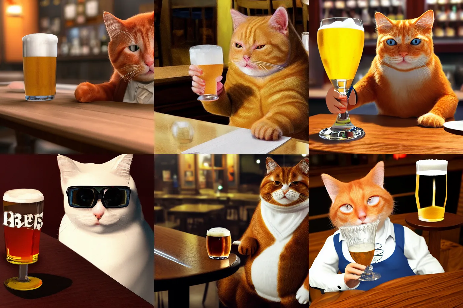 Prompt: fat ginger cat in blazer ang glasses holding a glass of beer in pub at table, photo realistic artstation, Canon D6