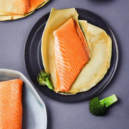 Image similar to fluffy crepes filled with freshly - caught salmon and fresh broccoli, 8 k resolution, food photography, studio lighting, sharp focus, hyper - detailed