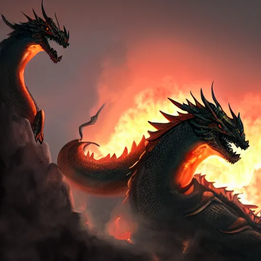 Prompt: a man standing on a cliff staring at a dragon made out of fire, 8 k resolution, photograph, trending on art station.
