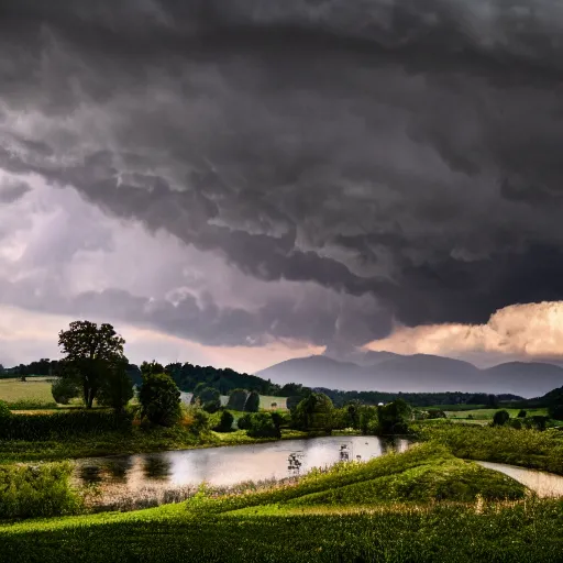 Image similar to dordogne typical landscape, hills in the background, summer, river, ultra detailed, ultra sharp, award winning. 8 k, flowers, trees, old house, thunderstorm and rain, very dark clouds. heavy rain, sunset, octane render.