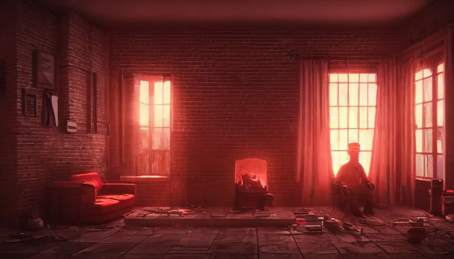 Prompt: old brick house, bright red light through the windows, black curtains, fireplace, old man watching through windows, hyperdetailed, artstation, cgsociety, 8 k