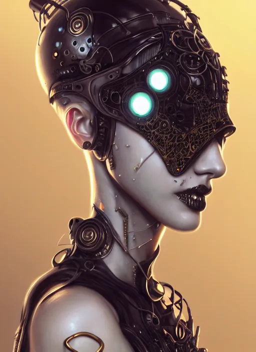 Image similar to soft lustrous ebony ivory biotech raver gutter punk gothic cyborg, golden ratio, details, scifi, fantasy, cyberpunk, intricate, decadent, highly detailed, digital painting, octane render, artstation, concept art, smooth, sharp focus, illustration, art by artgerm, loish, wlop