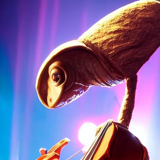 Image similar to E.T. playing the violin in the spotlight on stage with his heart glowing