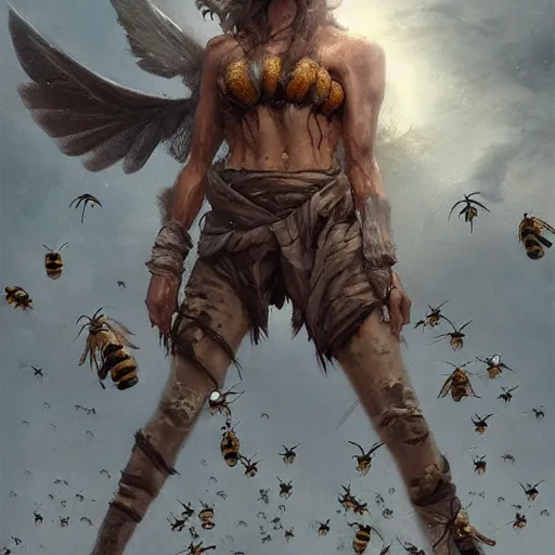 Prompt: a skinny weak hunter from Stone Age, trying to survive surrounded by bees Greg Rutkowski and Raymond Swanland, Trending on Artstation, cloudy background, ultra realistic digital art