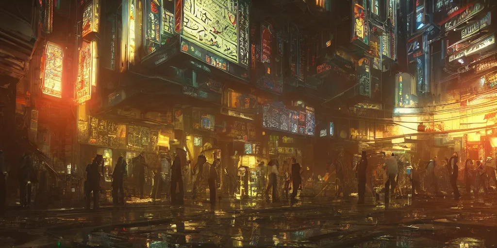 Image similar to Photorealistic cyberpunk mosque in crowded Tokyo night. Hyperdetailed photorealism, UHD, amazing depth, glowing rich colors, golden ration, 3D octane cycle unreal engine 5, 3d shading, cinematic lighting, artstation concept art