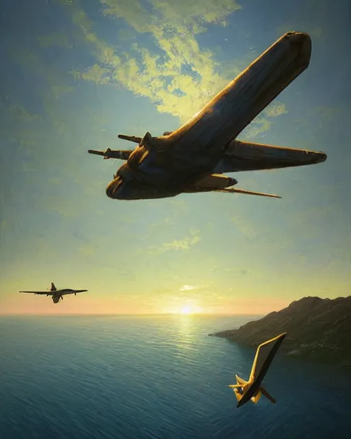 Image similar to a highly detailed epic cinematic concept art CG render digital painting artwork: Horizon Air Q400 Airplane flying over the lake into sunset, golden hour. By Greg Rutkowski, in the style of Francis Bacon and Syd Mead and Norman Rockwell and Beksinski, open ceiling, highly detailed, painted by Francis Bacon and Edward Hopper, painted by James Gilleard, surrealism, airbrush, Ilya Kuvshinov, WLOP, Stanley Artgerm, very coherent, triadic color scheme, art by Takato Yamamoto and James Jean