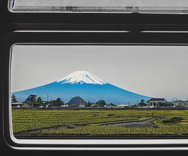 Image similar to a photo of mount fuji, japanese landscape, rice paddies, seen from a window of a train.