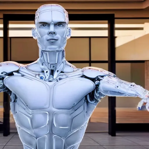 Image similar to made of ice, a realistic detailed photo of a guy who is an attractive humanoid who is half robot and half humanoid, who is a male android, on display, blank stare, showing off his muscles, shiny skin, posing like a statue, by the pool, frozen ice statue, f 1 driver max verstappen, humanoid robot