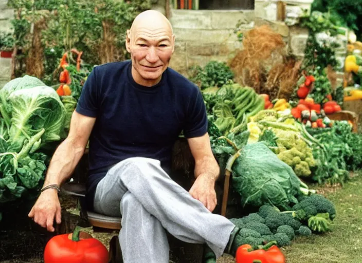 Prompt: patrick stewart sitting in a big pot of vegetable stew