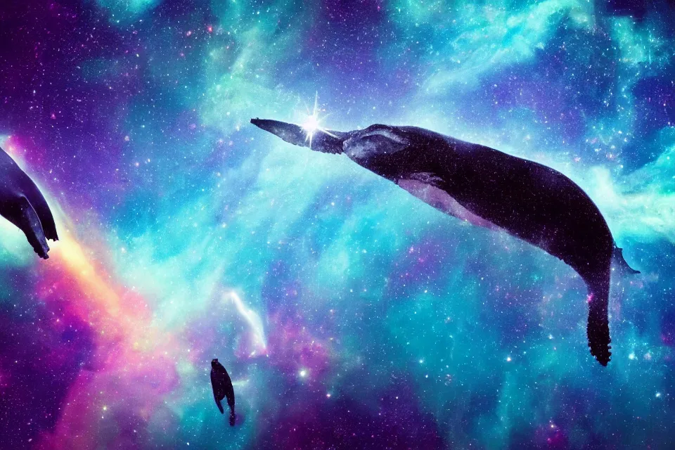 Prompt: a beautiful humpback whale made of stardust swimming through a colorful nebula in space while an astronaut watches from afar