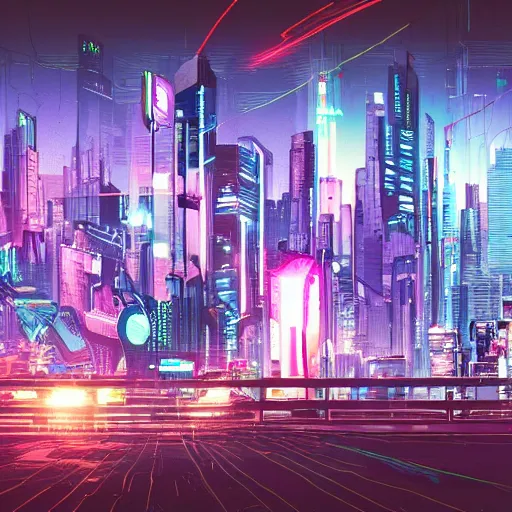 Prompt: A cyberpunk cityscape with bright neon lights, flying cars, and massive skyscrapers. The scene is highly detailed and busy, with a sharp focus on the buildings and lights. The composition is symmetrical and well balanced