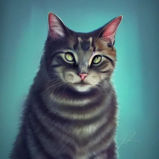 Image similar to photo portrait of a cat made in a professional studio, professional portfolio of a cat, trending on artstation, super detailed, everything in a beautiful light, stylishly designed background, fantasy art