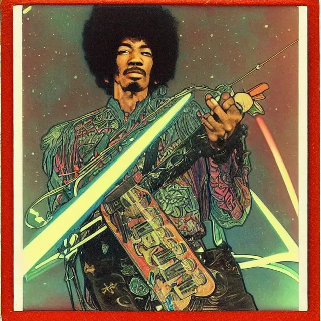 Image similar to polaroid of a vintage record cover by Franklin Booth showing a portrait of Jimi Hendrix as a futuristic space shaman, Alphonse Mucha background, star map, smoke